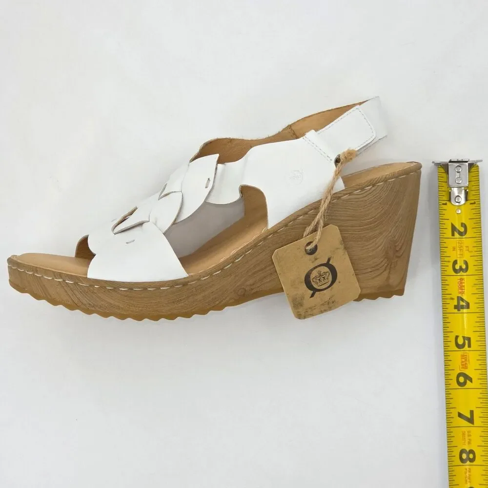 Born Nina Leather Wedge Sandals Womens Size 11 White Boho Neutral Summer Granny